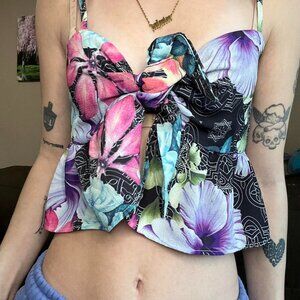 floral babydoll cropped top with tie front